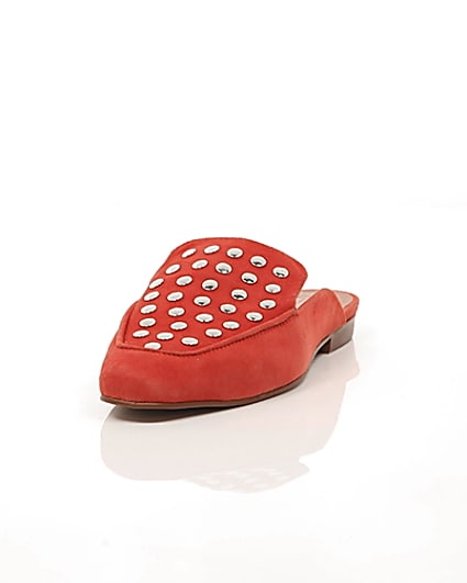 360 degree animation of product Red suede studded backless loafers frame-2