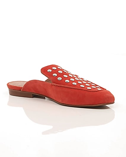 360 degree animation of product Red suede studded backless loafers frame-7