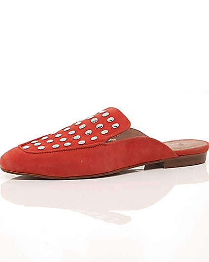 360 degree animation of product Red suede studded backless loafers frame-23