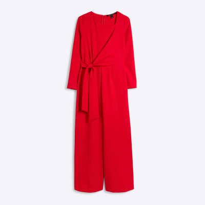 Red Tailored Wrap Front Jumpsuit River Island