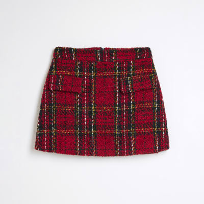 Red Tartan Boucle Mini Skirt River Island