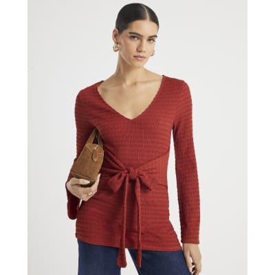 Red Textured Long Sleeve Tie Waist Top