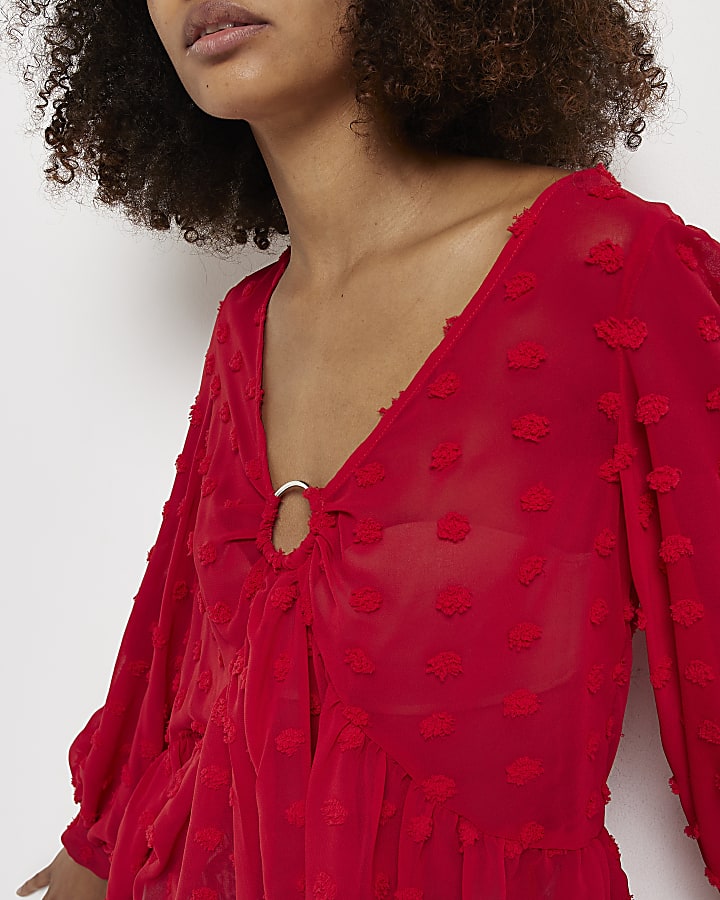 Red textured smock top