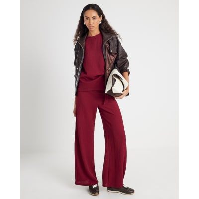 Red Textured Wide Leg Trousers