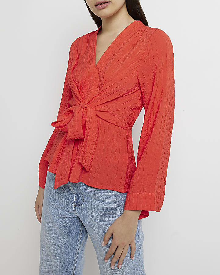 Red tie front blouse