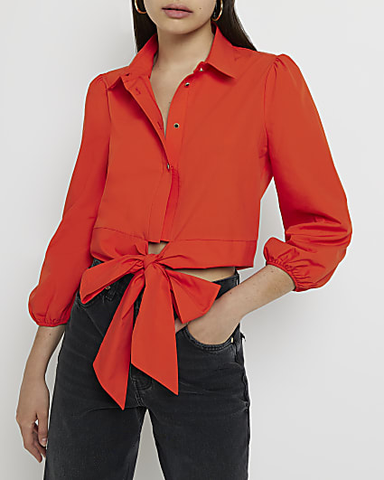 Red tie front cropped shirt