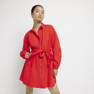 Red tie waist long sleeve mini shirt dress