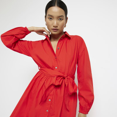Red tie waist long sleeve mini shirt dress