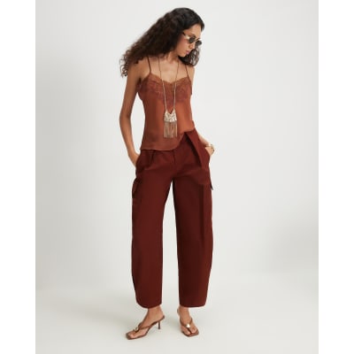 Red Twill Pleat Front Barrel Leg Trousers