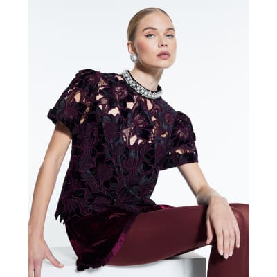 Red Velvet Lace Embellished Top