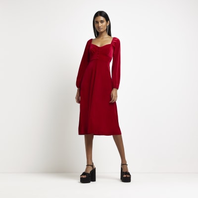 Red velvet long sleeve midi dress | River Island