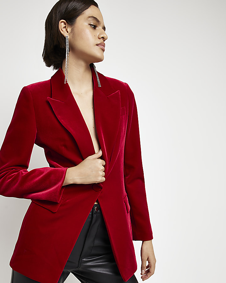 Red velvet structured blazer