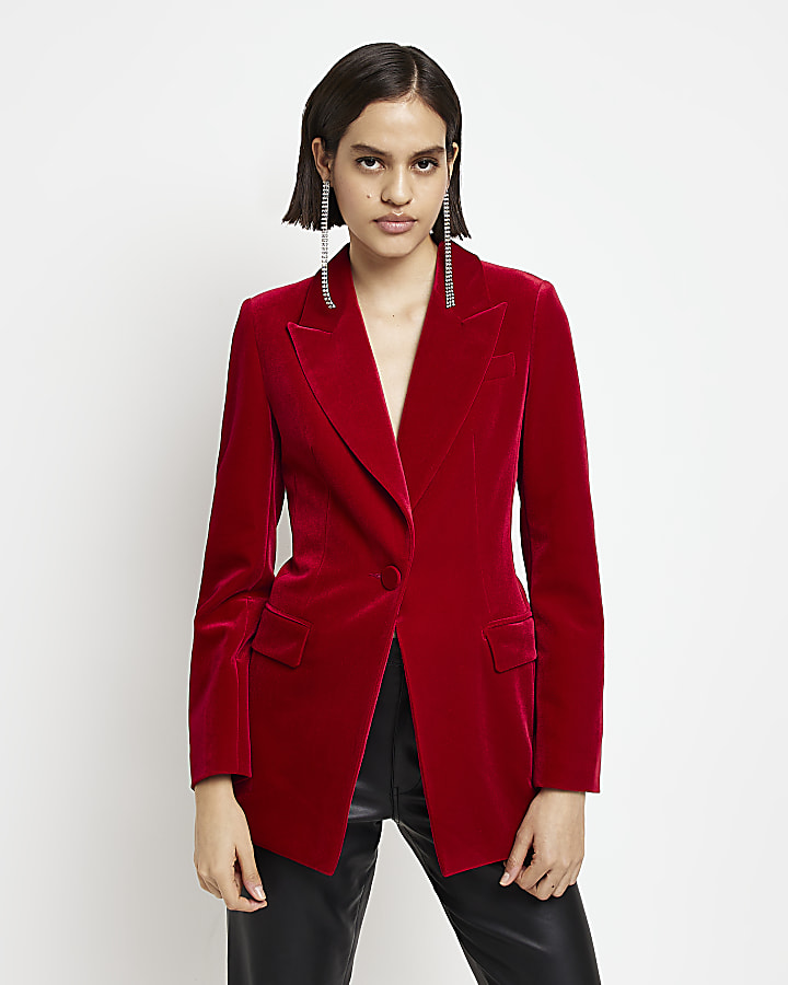 Red velvet structured blazer
