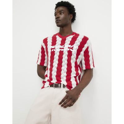 Red Wavy Crochet V Neck Knitted Jumper