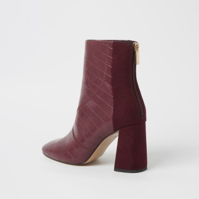 Red wide fit embossed block heel boots