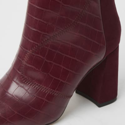 Red wide fit embossed block heel boots