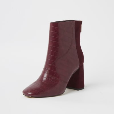 Red wide fit embossed block heel boots
