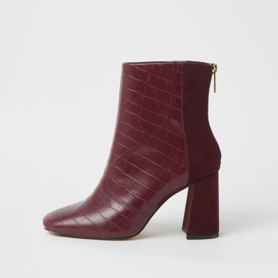 Red wide fit embossed block heel boots | River Island