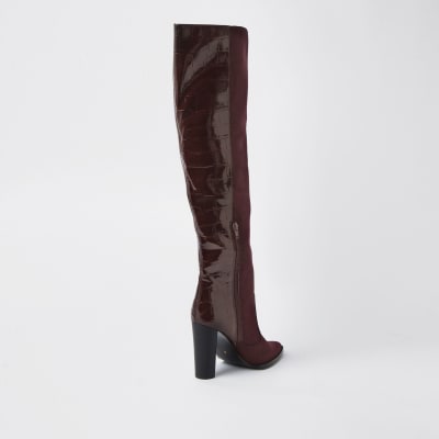 Red wide fit high block heel boots