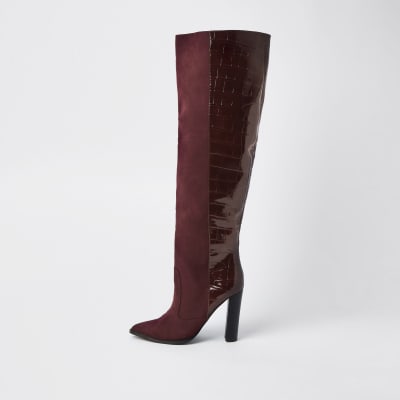 Red wide fit high block heel boots | River Island