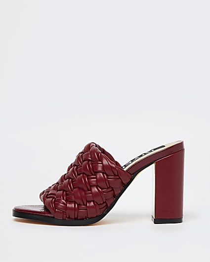 Red woven block heeled mules