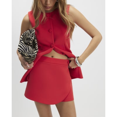 Red Wrap Button Detail Skort