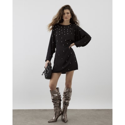 RI Studio Black Beaded Batwing Mini Dress