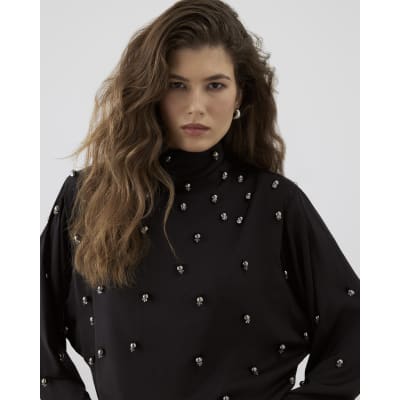 RI Studio Black High Neck beaded Batwing top