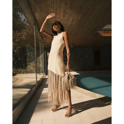 RI Studio Cream Studded Fringe Maxi Dress
