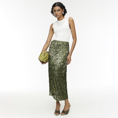 RI Studio Green Sequin Column Midi Skirt
