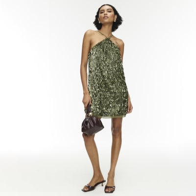 RI Studio Green Sequin Halter Neck Mini Dress