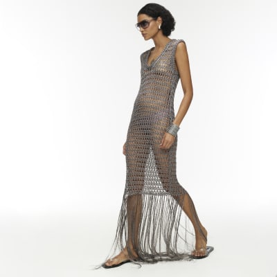 RI Studio Grey Metallic Crochet Maxi Dress