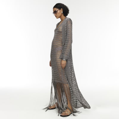 RI Studio Metallic Grey Maxi Crochet Cardigan