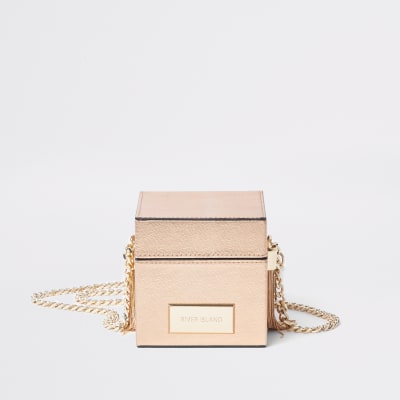 Rose gold box shaped cross body bag