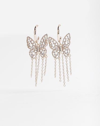 Rose gold butterfly drop hoop earrings