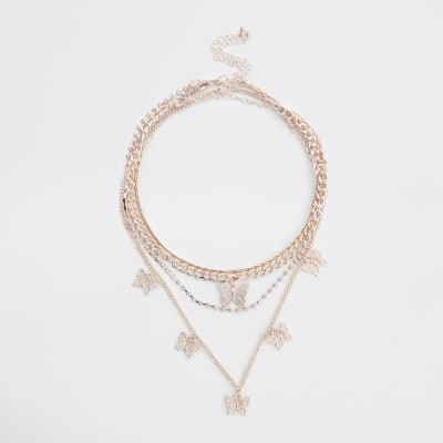 Download Rose Gold Butterfly Layered Necklace River Island