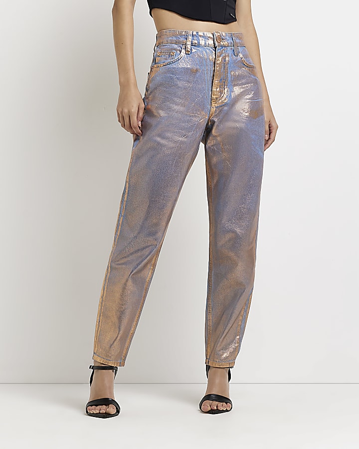 Rose gold coated high waisted mom jeans