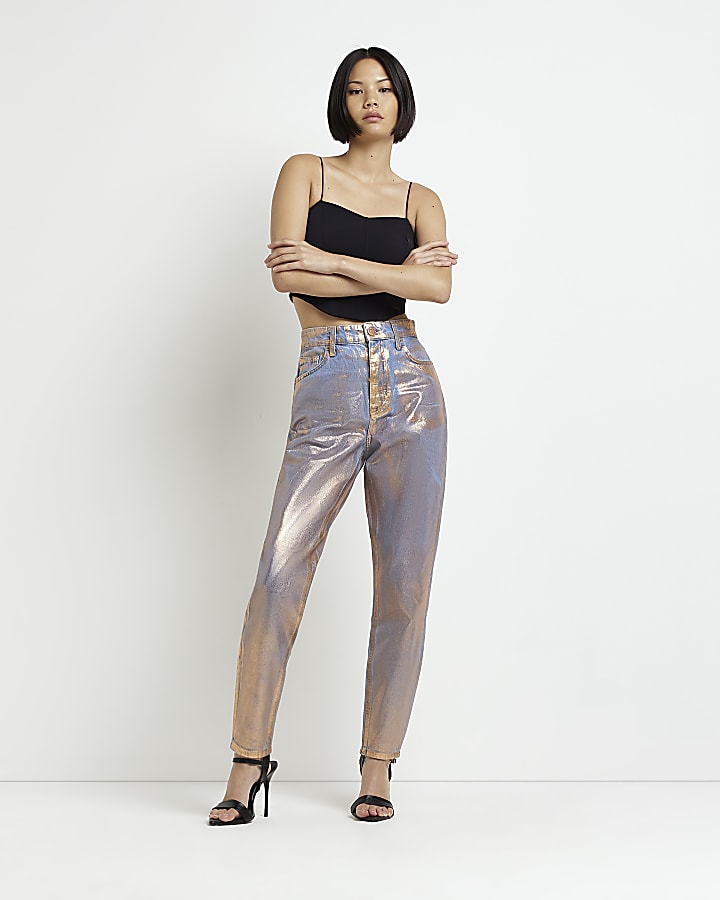 Rose gold coated high waisted mom jeans