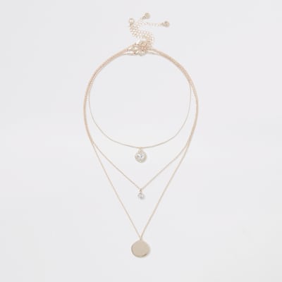 Rose gold colour crystal layered necklace