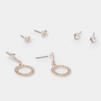 Rose gold colour drop earrings 3 pack