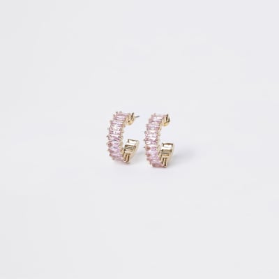 Rose gold colour stone hoop earrings