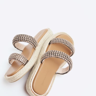Rose Gold Diamante Chunky Footbed Sandals River Island
