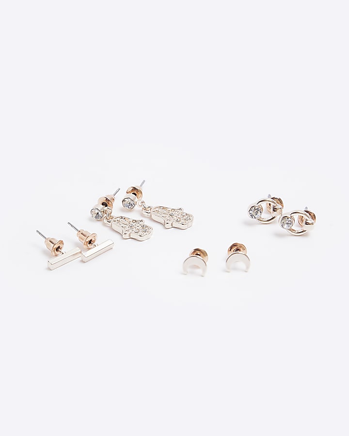Rose gold diamante detail earrings multipack