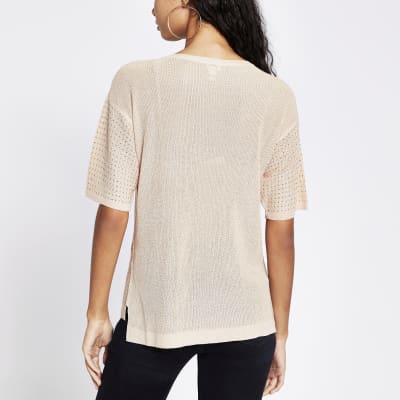 Rose gold diamante knitted T-shirt