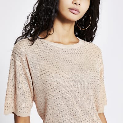 Rose gold diamante knitted T-shirt