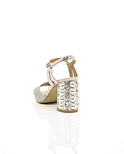 360 degree animation of product Rose gold gem embellished block heel sandals frame-17