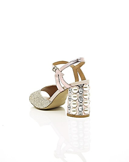 360 degree animation of product Rose gold gem embellished block heel sandals frame-18