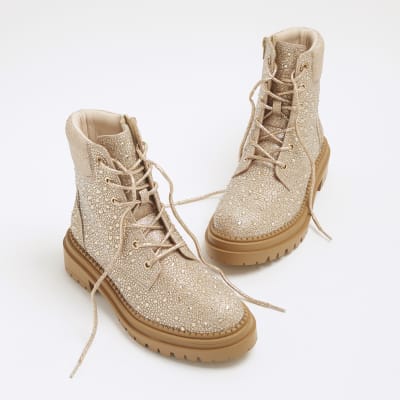Rose Gold Glitter Hiker Lace Up Boots River Island