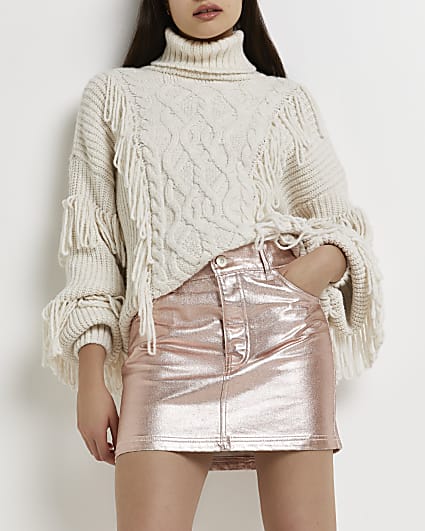 Rose gold metallic denim mini skirt