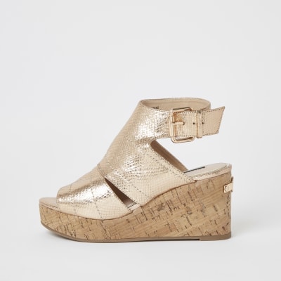 gold metallic wedge sandals